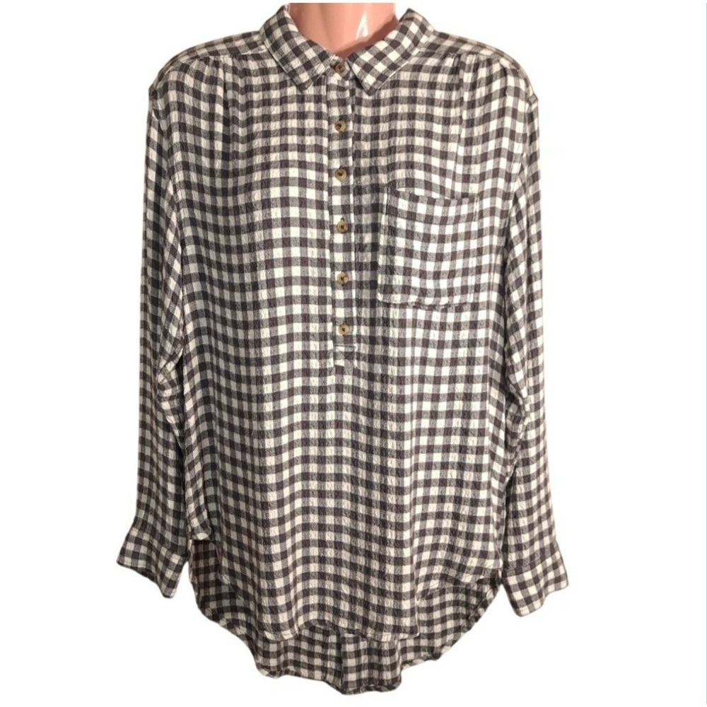 Anthropologie Women's Collared Shirt S Long‎ Sleeve Button-Up White/Gray Check